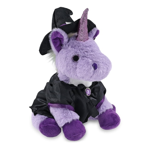 DolliBu Super Soft Purple Unicorn Stuffed Animal with Witch Costume - Cute Fantasy Animal with Black Cloak and Witch Hat Outfit - Spooky Halloween Plush Toy for Kids - 9 Inches