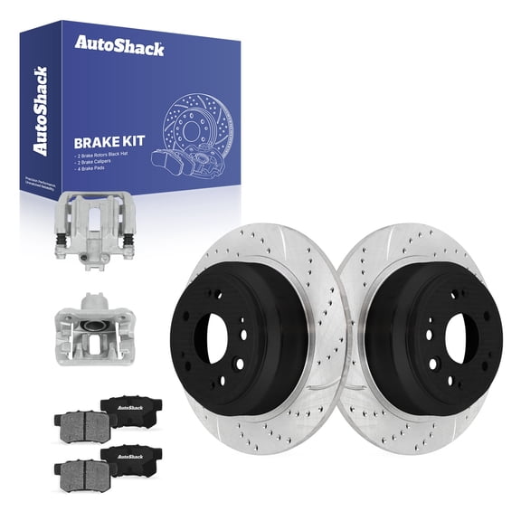 AutoShack Rear Solid Drilled & Slotted E-Coated Brake Rotors   Ceramic Pads   Calipers 8-PC Brake Kit Replacement for 2012-2015 Honda Crosstour ShadowGuard 12" (304.7 mm)