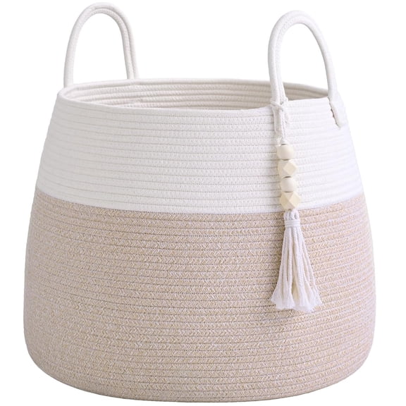 NatuBeau 60L Cotton Rope Laundry Hamper 18"x14", Tapered Anti-Tip Foldable Storage Basket with Wood Bead Tassel, Boho Organizer for Nursery Bedroom Bathroom Beige