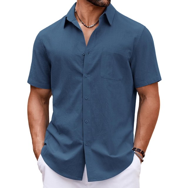 Camisa COOFANDY de lino de manga corta con botones, azul marino, para hombre
