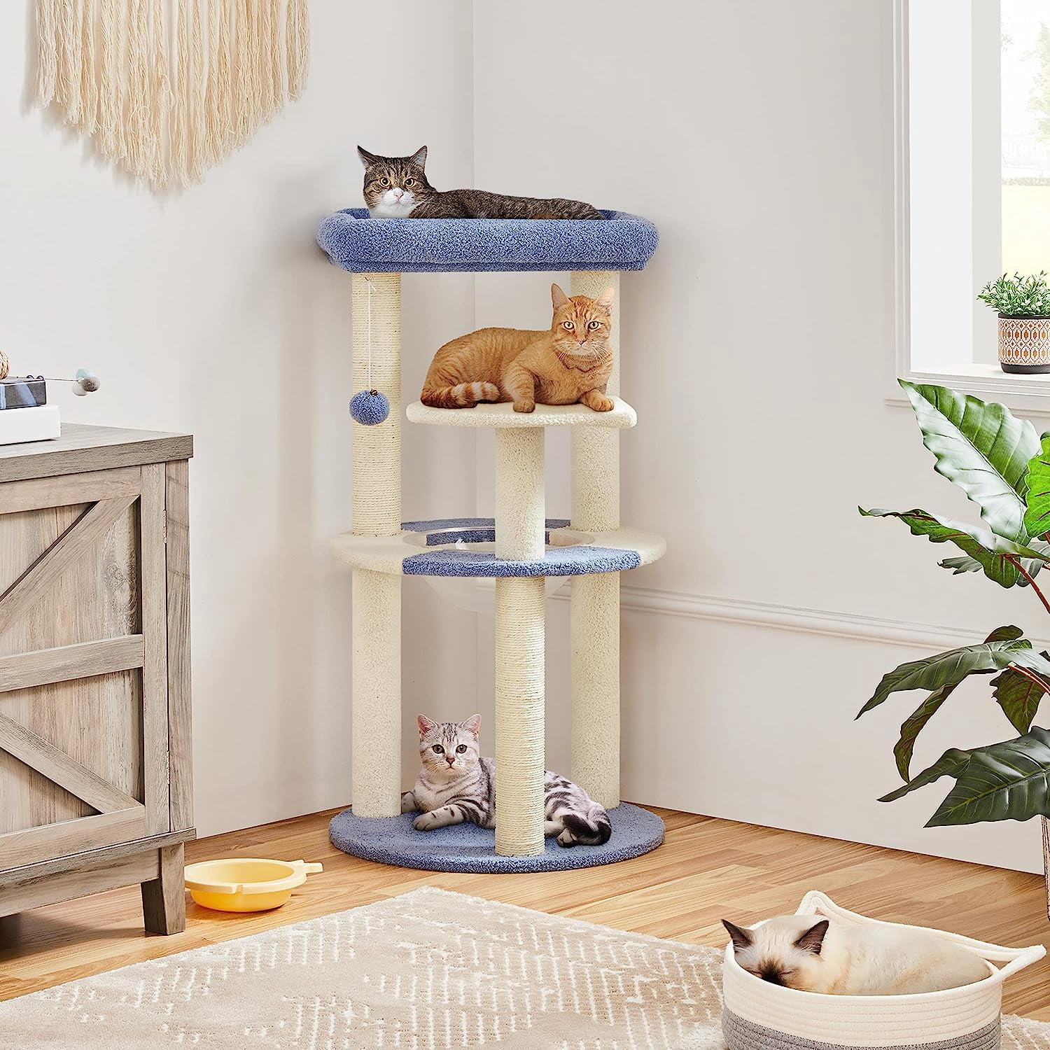 LEHOME Cat Scratching Posts with Cat Bed, 35in Cat Scratcher with 2 Scratching Posts for Indoor Cats, Sisal Scratch Posts with Replaceable Ball for Kittens Adults Cats