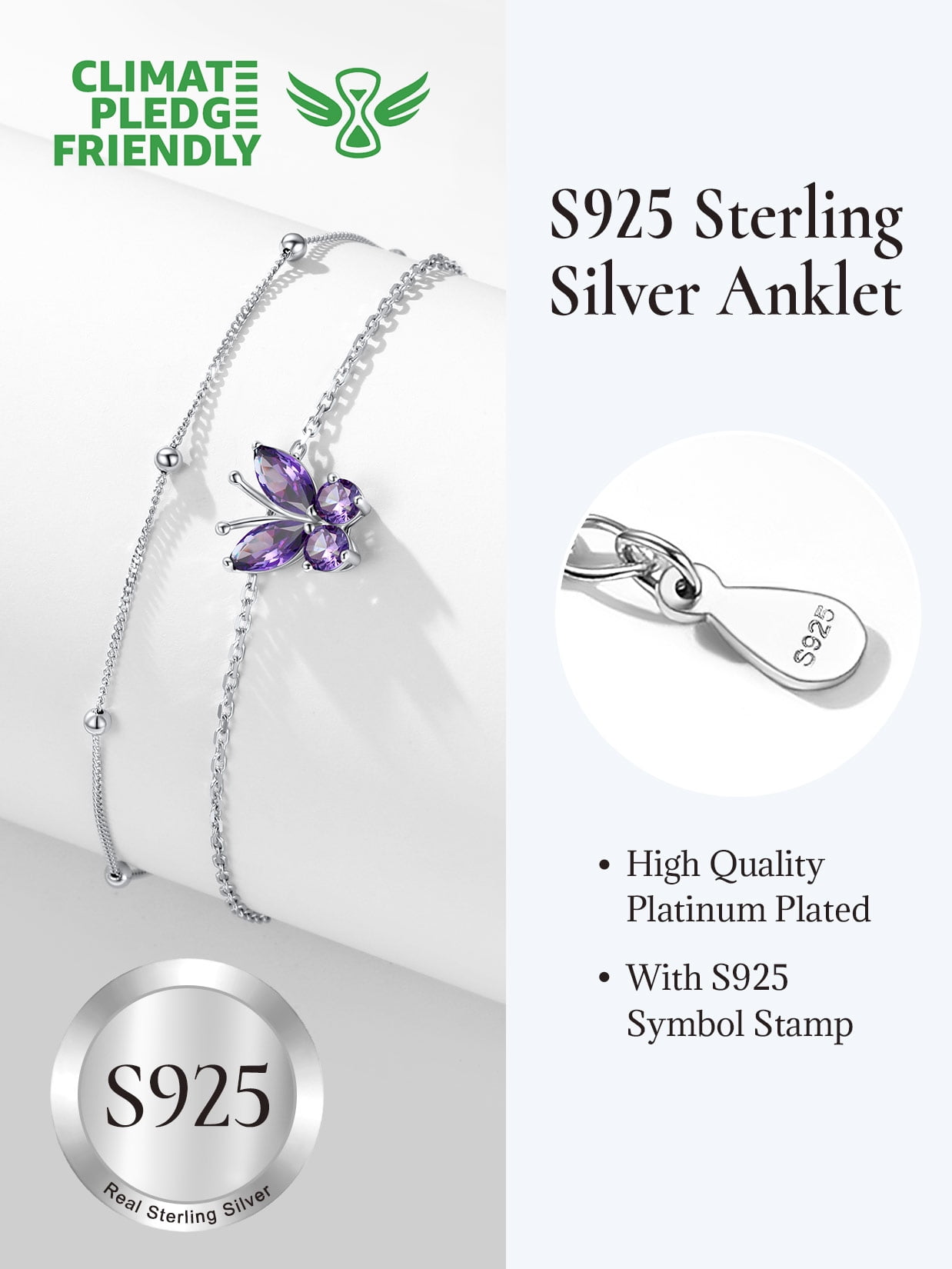 U7 Sterling Silver Anklet Bracelet for Women Butterfly February Birthstone Double Layered Ankle Chain Birthday Daughter Mom Summer Beach Jewelry Gift
