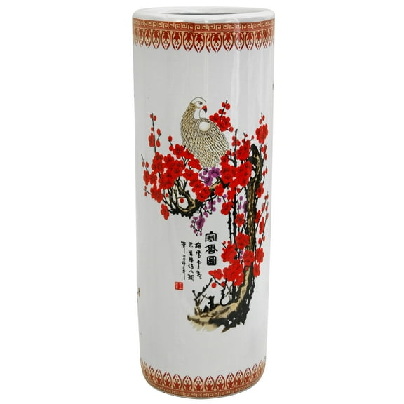 24" Cherry Blossom Design on White Porcelain Umbrella Stand