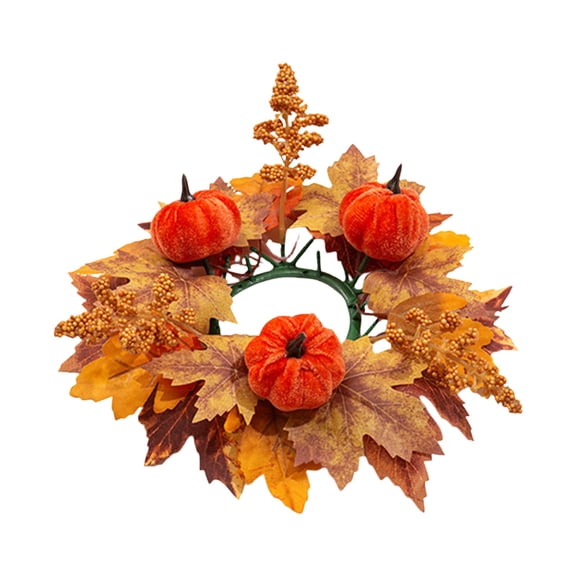 Fall Candle Ring Wreath, Artificial Maple and Pumpkin, for Candle Holder, Thanksgiving, Table Decor, A