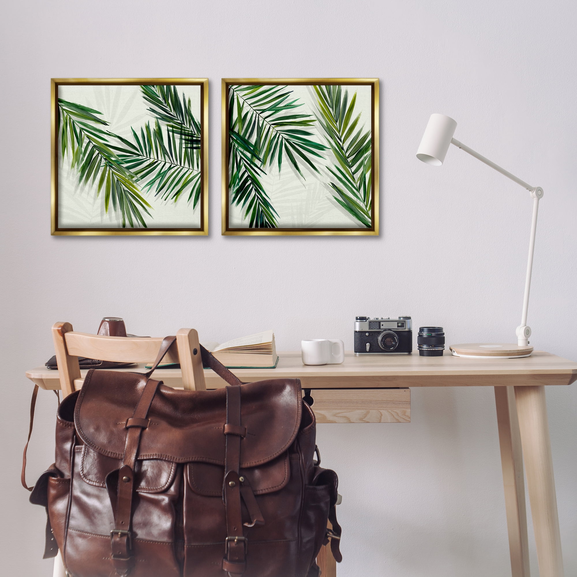 Stupell Industries Palm Fronds over Neutral Plants & Flowers Painting Gold Floater Framed Canvas Art Print Wall Art, 18 x 18, Set of 2