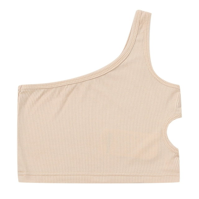 GPOECD Girls Dance Tank Top One Shoulder Racerback Crop Top Sleeveless Athletic Wear For Ballet Gymnastics Performance Khaki,4-5 Years