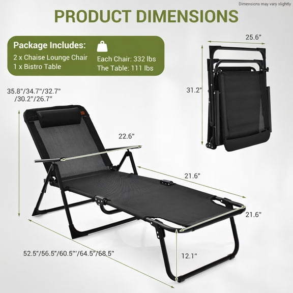 Resenkos 3 Pieces Patio Folding Chaise Lounge Set, Small Patio Conversation Furniture Set with PVC Tabletop-Black