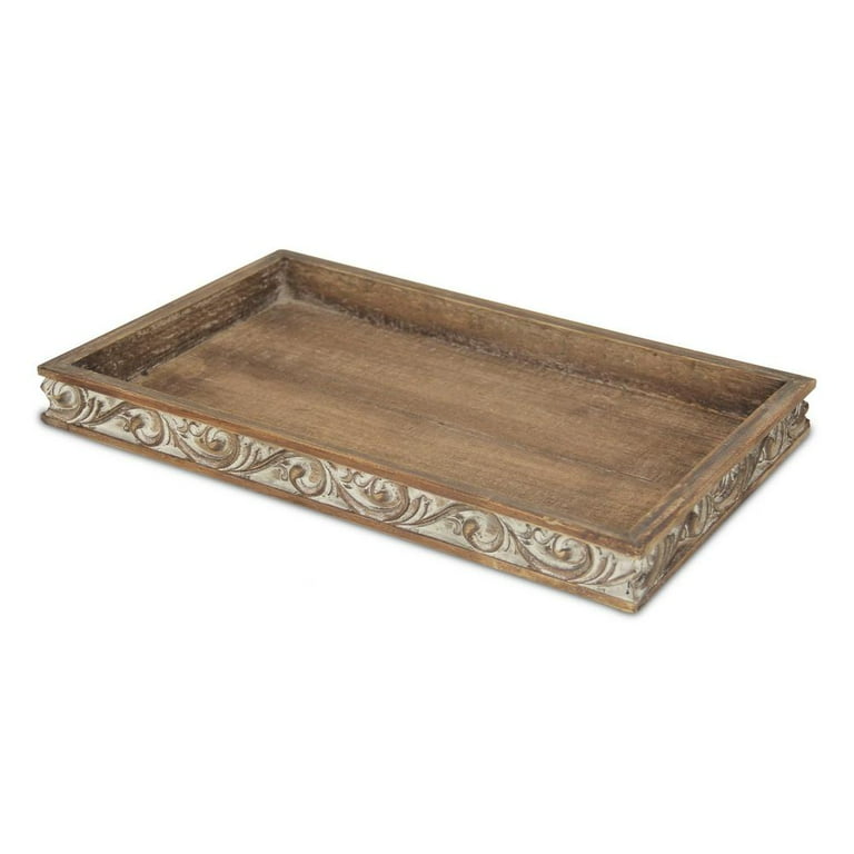 Distressed Finish Wood Tray With Side Carvings Distressed Finish Wood Tray With Side Carvings