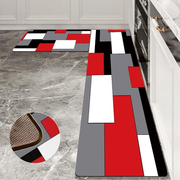 Black,White,Red and Grey Kitchen Rugs and Mats Set 2 Piece Abstract Geometric Art Cushioned Anti