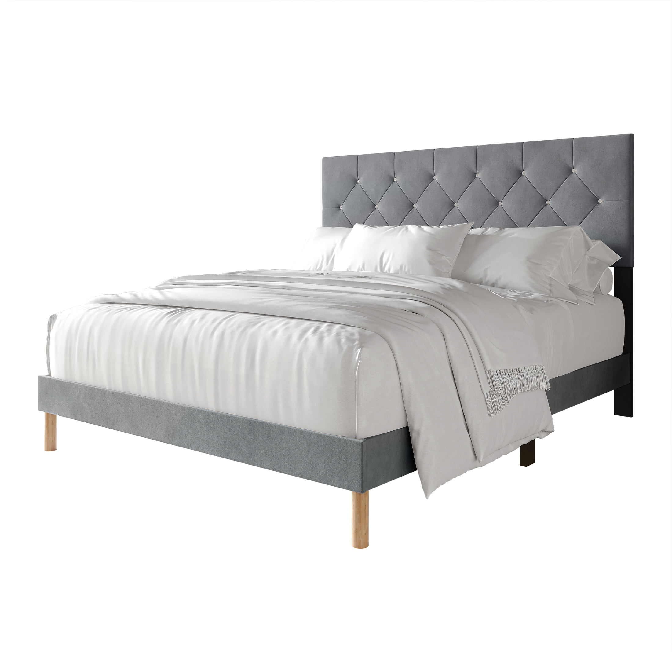 Castle Place Modern Diamond Tufted Velvet Upholstered King Bed, Light Grey