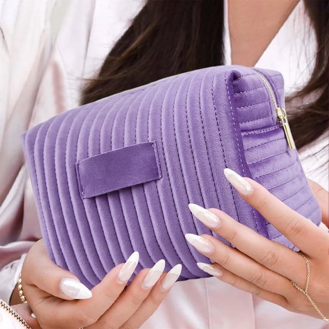 Neceser de terciopelo a rayas | Neceser de maquillaje de viaje bordado | Estuche impermeable y suave para guardar pinceles y pintalabios | Organizador portátil para bolso y maleta