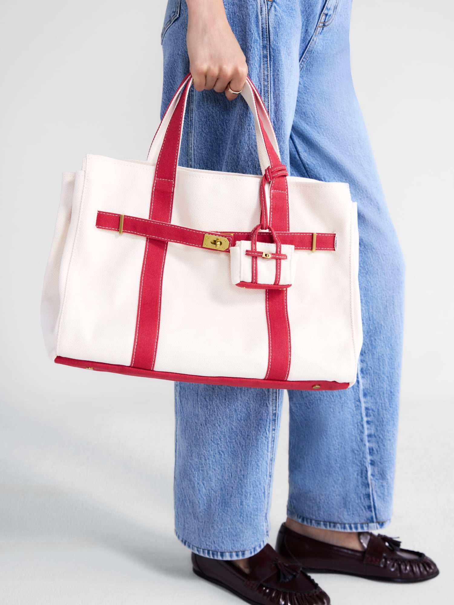 Free Assembly Women's Canvas Tote Handbag with Tote Charm, Natural with Red