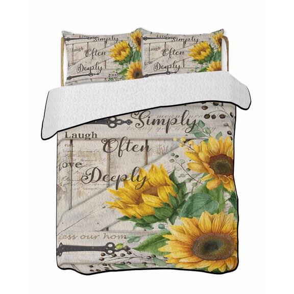 Quilt King Size Bedding Set, Sunflower Reversible Summer Quilt 3 Pieces, Yellow Flowers Summer Botanical Wooden Lightweight Bedspreads Coverlets with 2 Pillow Shams for All Seasons