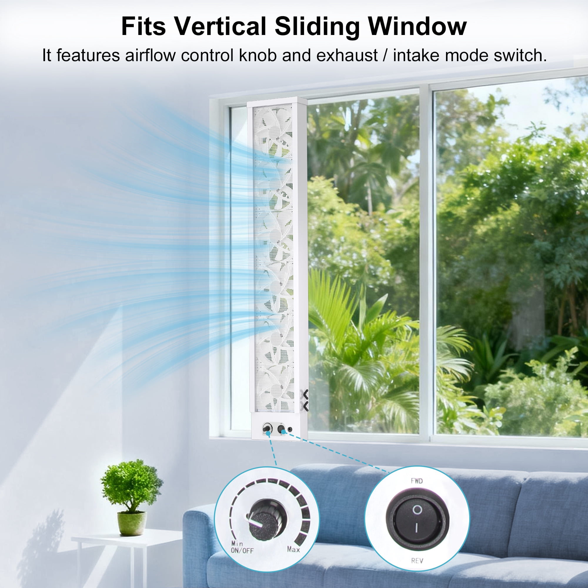 36.61-66.93 inch Vertical Window Fan for Sliding Windows Dual Mode Exhaust and Intake with Variable Speed Control for Kitchen Smoke Spaces