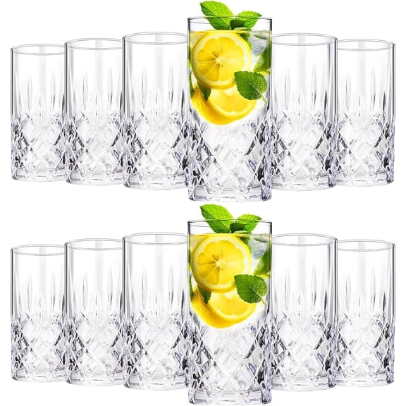Set of 12 Tall Highball Glasses 12 oz Crystal Drinking Glasses Clear Fancy Cups Vintage Textured Designer Glassware for Cocktail Tea Water Beer Soda Beverages, Dishwasher Safe (Classic Style)