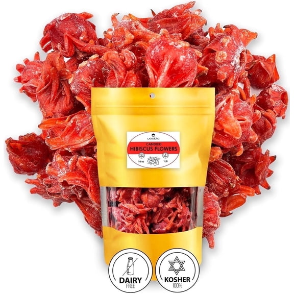 WOODCHA Candied Hibiscus, Dried Edible Flowers, Edible Hibiscus Flowers Cake Decorations, Hibiscus Food, Dehydrated Flowers, Roselle, Kosher, Vegan (1lb)