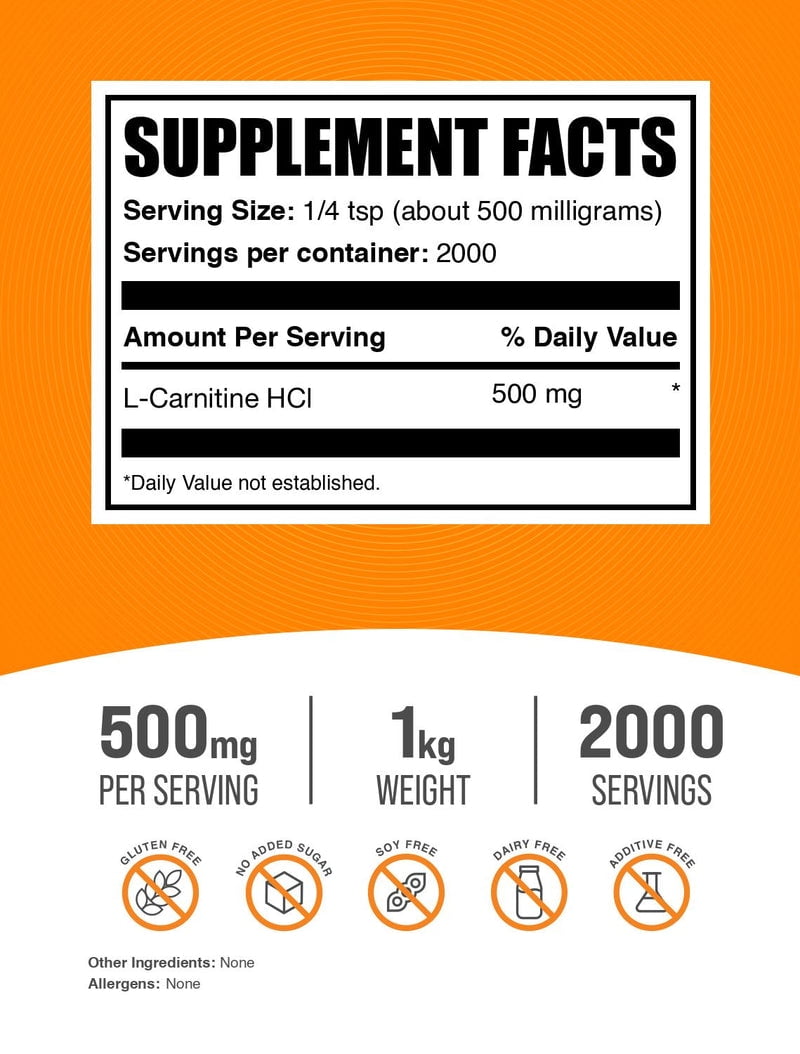 BulkSupplements L-Carnitine HCl Powder, 500mg Per Serving - 1 Kilogram (2.2 lbs) - 2000 Servings