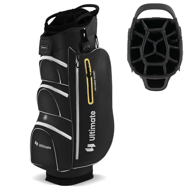 Patiojoy 15-Way Golf Cart Bag Golf Club Bag with 15 Ways Organizer Divider Top 7 Zippered Pockets Cooler Bag Umbrella Holder Rain Hood Black + Yellow