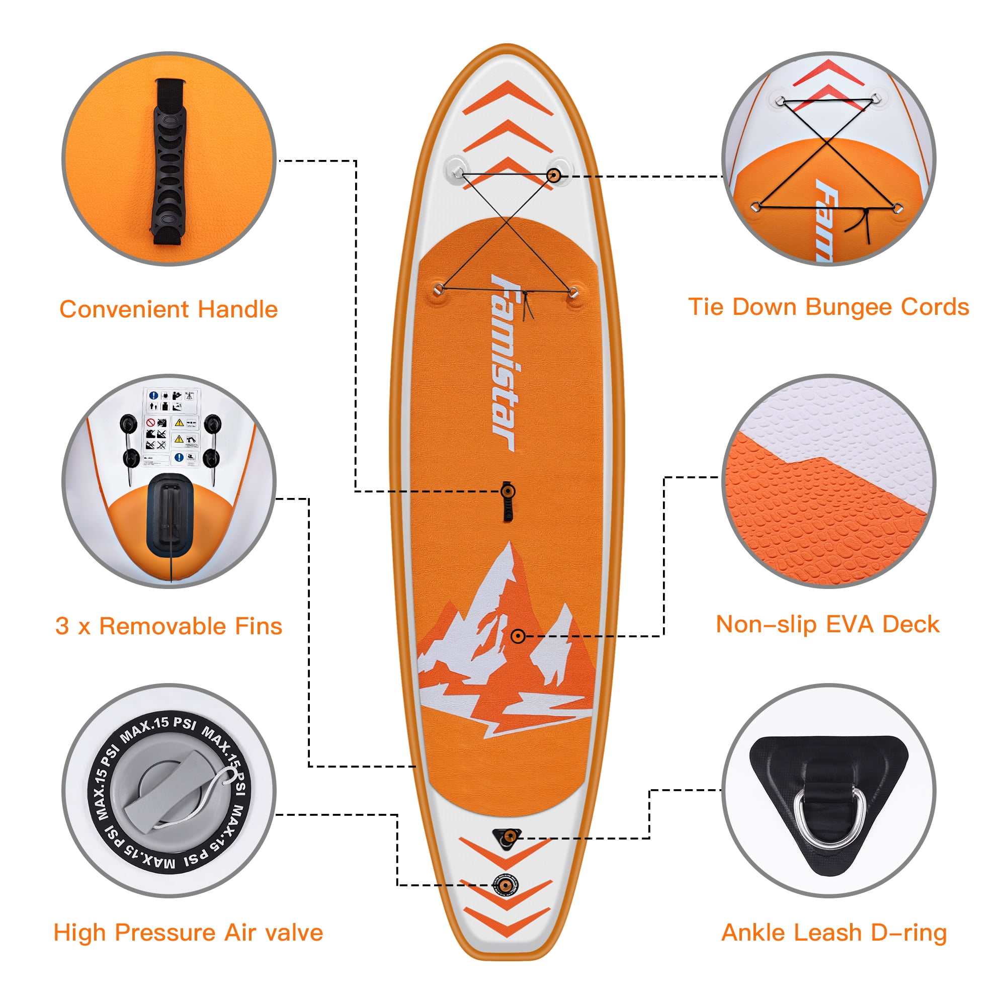Famistar 12' Inflatable Stand Up Paddle Board SUP w/ 3 Fins, Adjustable Paddle, Pump & Carrying Backpack