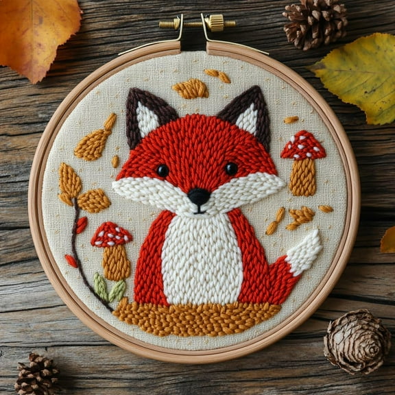 DIY Punch Needle Kits Red Fox and Mushrooms Easy for Beginners Punch Needle Embroidery Set with Hoop Stamped Pattern for Craft lovers and Home Decor-1