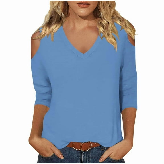 qucoqpe Women's 3/4 Sleeve Tops Solid Color Fashion Cold Shoulder Comfy V-Neck Shirts Casual Loose Tunics Blouse