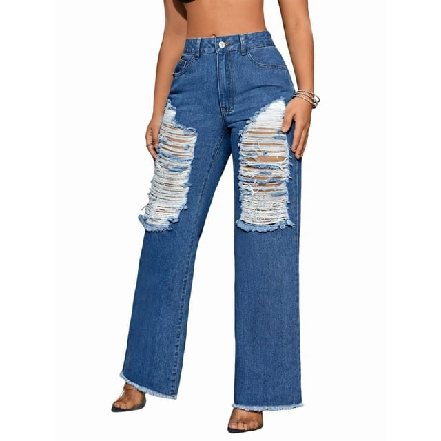 Pantalones Vaqueros Vintage para Mujer, Estilo Urbano, con Dobladillo Sin Rematar, Rotos, Cintura Media, Holgados, Ajustados, Informales, con Cremallera y Bragueta. Azul Oscuro L