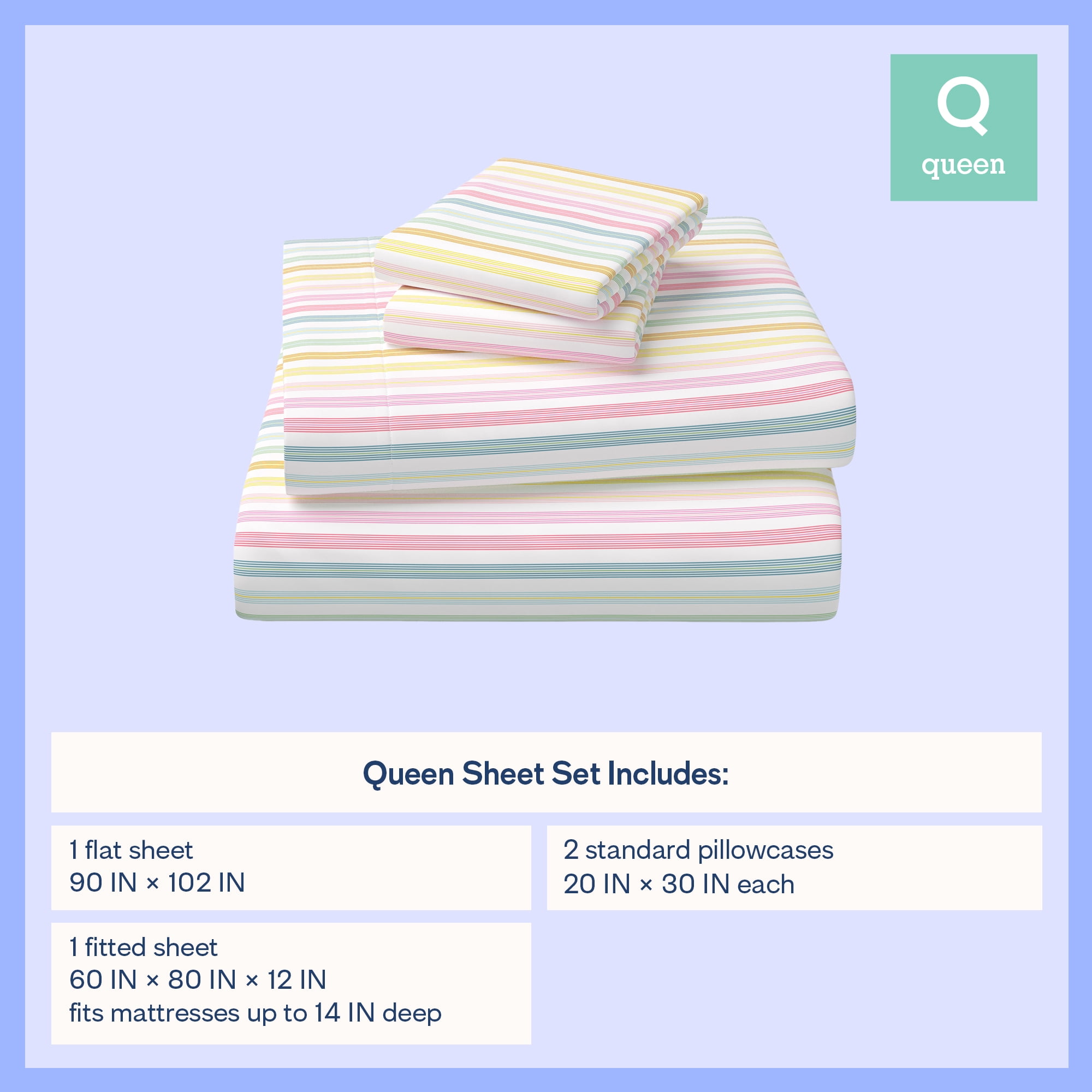 Mainstays Kids Microfiber Bed Sheet Set, Queen, Rainbow Stripe, 4 Pieces
