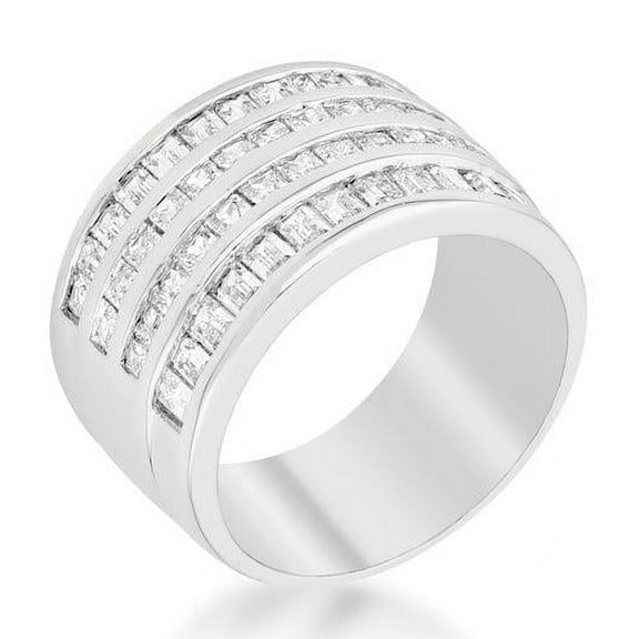Precious Stars R06482R-C01-05 Precious Stars Silvertone Princess and Baguette-Cut Cubic Zirconia 4-Row Wide Band