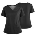 thumbnail image 2 of 2 Pocket Scrub Tops for Women V Neck Short Sleeve Stretch Work Top with Side Slits Crafted from 4 Way Stretch Soft Durable Easy Care Fabric, #02 Black, XXL, 2 of 4