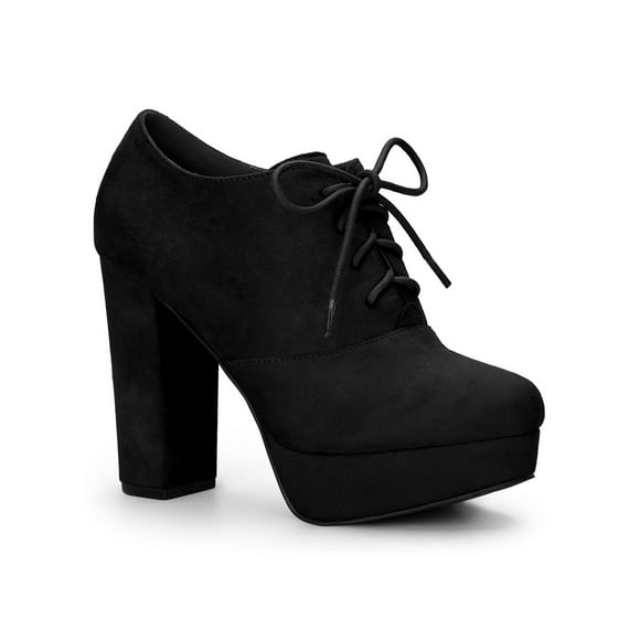 Unique Bargains Women's Platform Chunky Heel Lace Up Booties Black (Size 8)