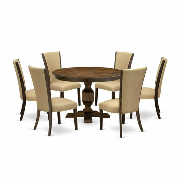 East West Furniture 7-Pc Dinette Set - Pedestal Dinner Table and 6 Brown Color Parson Dining Room Chairs with High Back - Distressed Jacobean Finish
