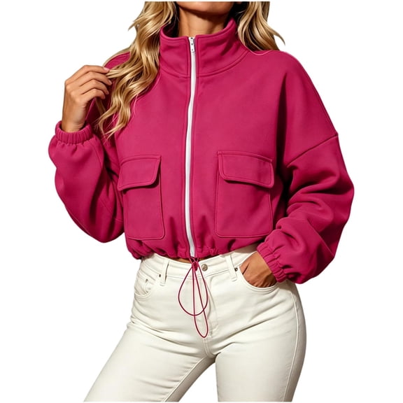CBASIHI Womens Cropped Sweatshirts with Pockets- Fall Loose Fit Casual Trendy Stand Collar Zip Up Jackets Hot Pink Size S