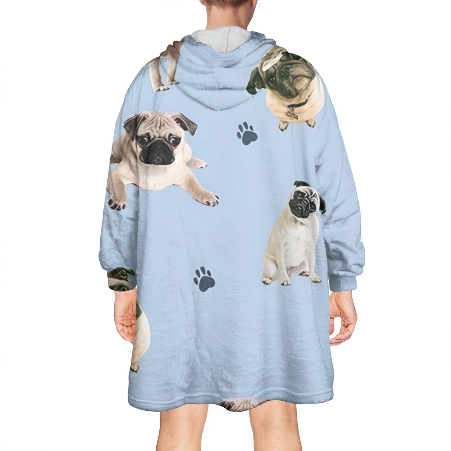 Pug and Footprints Wearable Oversized Blanket,Wearable Blanket Hoodie for Adults,Cozy Hooded Blankets with Super Pockets,Super Warm Fuzzy Pullover for Women & Men