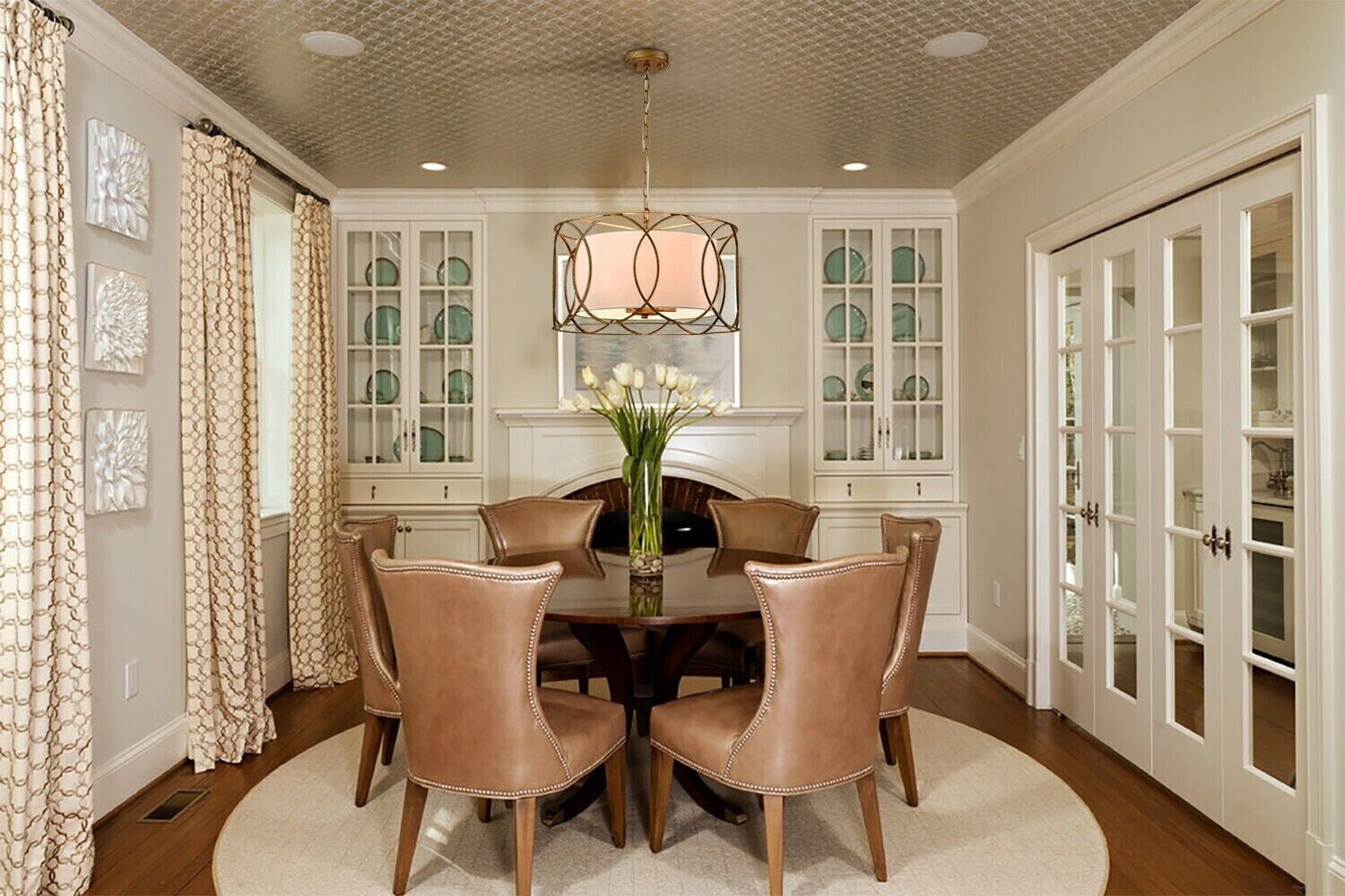 Brass Drum Pendant Light 3-Light Dining Table Fixture with White Linen Diffuser