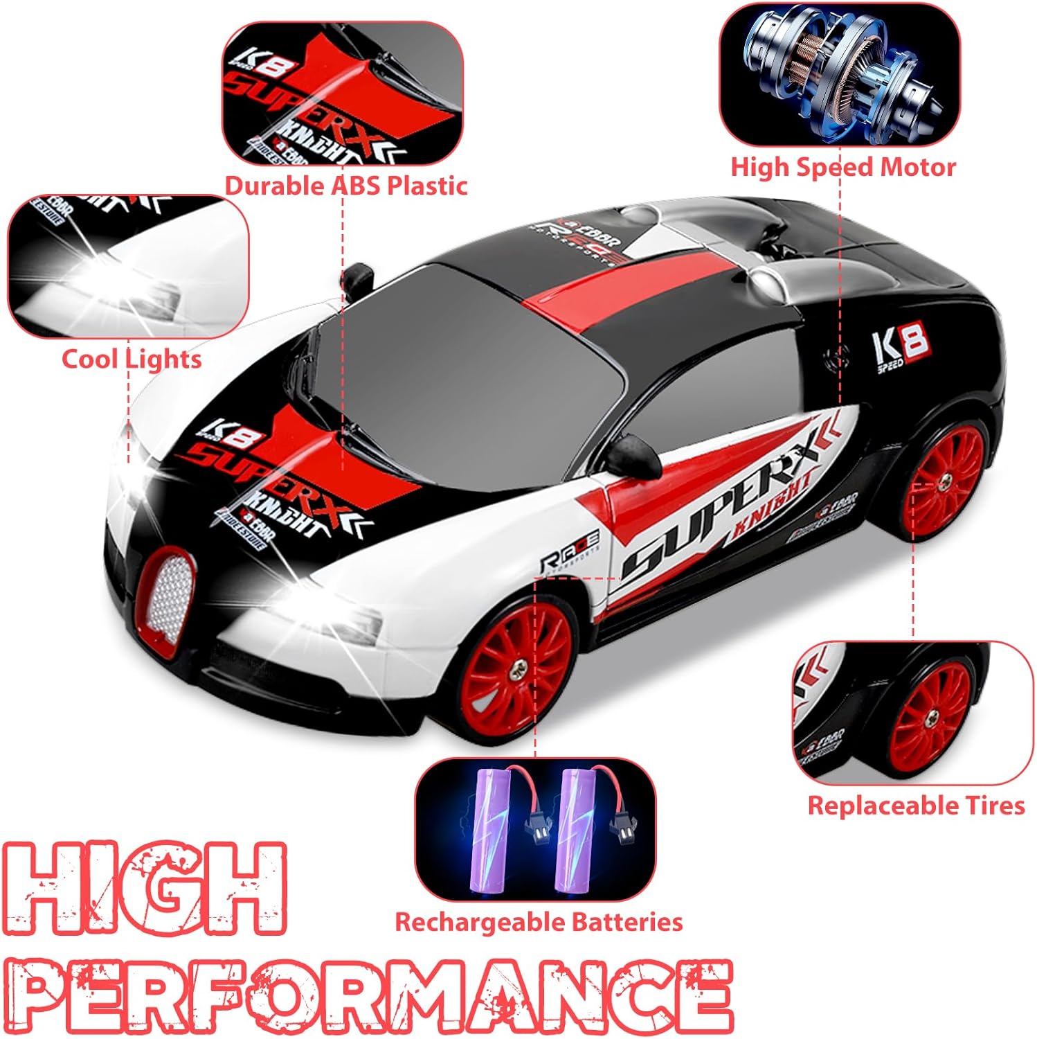 AIGIA 1:24 Scale Remote Control Car RC Drift Car 2.4GHz 4WD 15KM/H High Speed Two Batteries and Extra Tires Toys