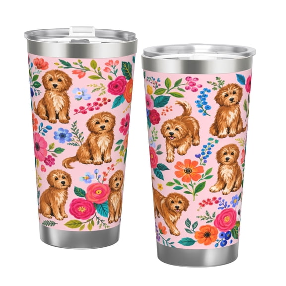 20oz Floral Doodle Dog Insulated Tumbler with Handle and Straw Cute Puppy Travel Cup Gift for Dog Lovers with Double Silver Rim
