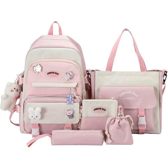 5pcs kawaii backpack set with bear pendant, school supplies, cute rabbit badges large canvas school bag with tote bag (pink)