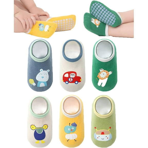 Baby Non-skid Grip Socks Toddler Socks Anti Skid Slipper Crew Socks for Girls Boys Infant Newborn 6 Pairs