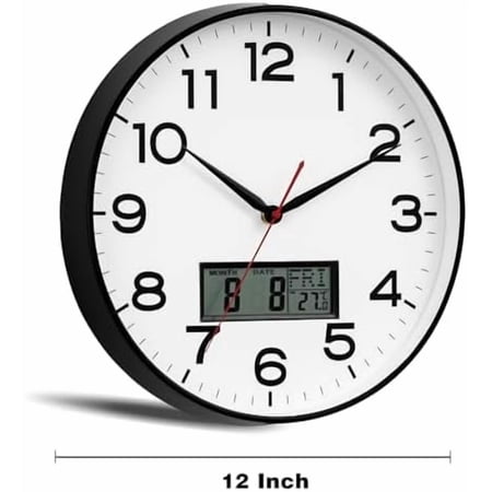 Wall Clock 12 Inch, Non-Ticking Silent Battery Operated Analog with LCD Display for Perpetual Calendar and Temperature, Ideal Modern Decor for Home, Bedroom, Kitchen, Office (Black)