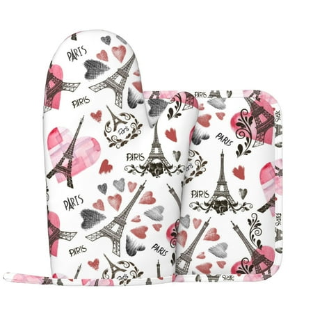 

Oven Mitts and Pot Holders Sets Eiffel Tower paris heart Non-Slip Silicone Oven Gloves Potholders Cotton Lining Heat Resistant Gloves Hot Pads for Kitchen Cooking Baking