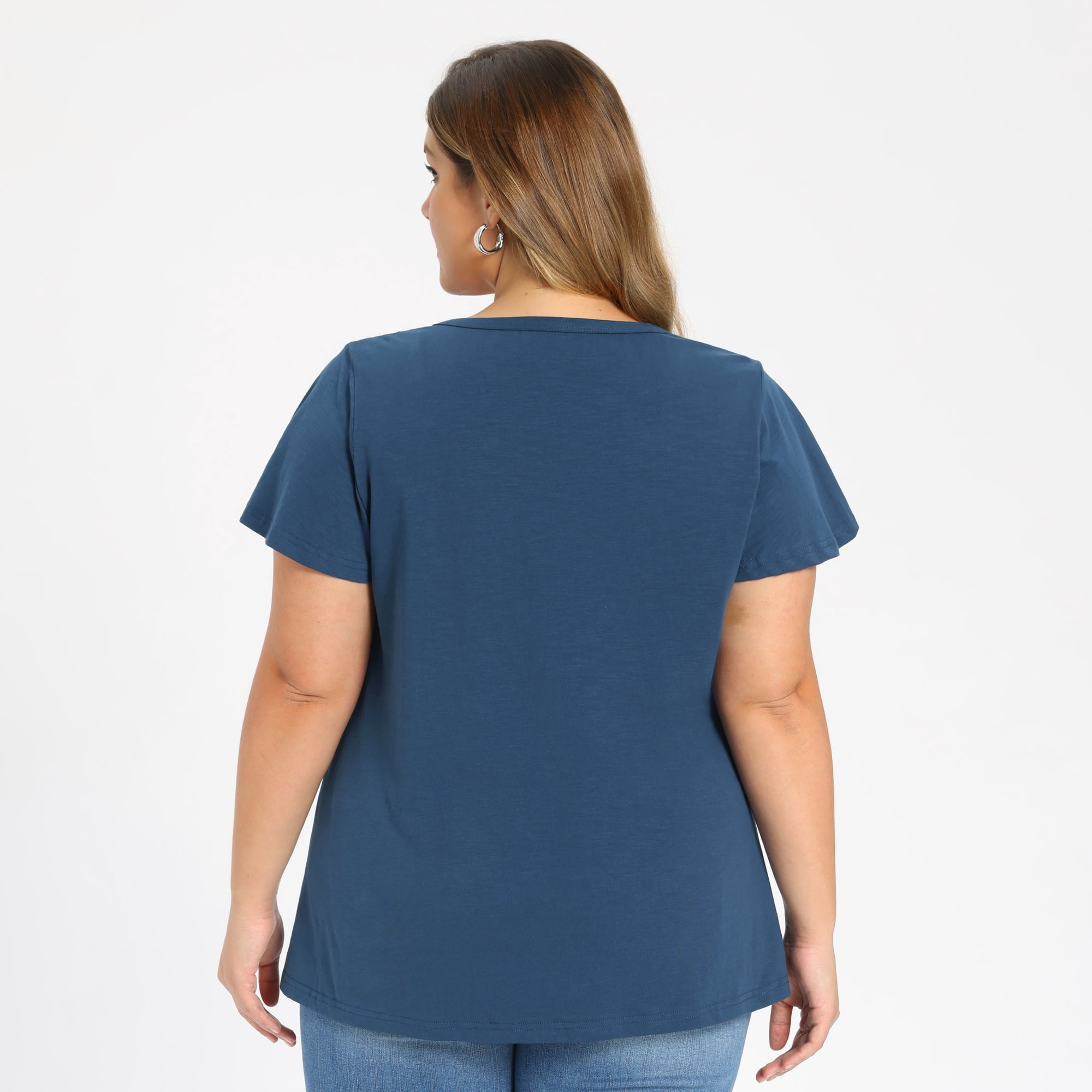 Women's Plus Women's Work Tops Button Notch Neck Ruffle Sleeve Casual Blouse 4X Dark Blue