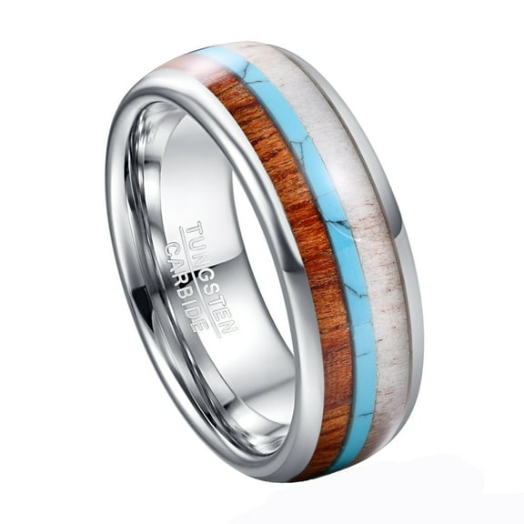 8mm Men's Tungsten Carbide Ring Deer Antler Turquoise Koa Wood Inlay Size 7-12