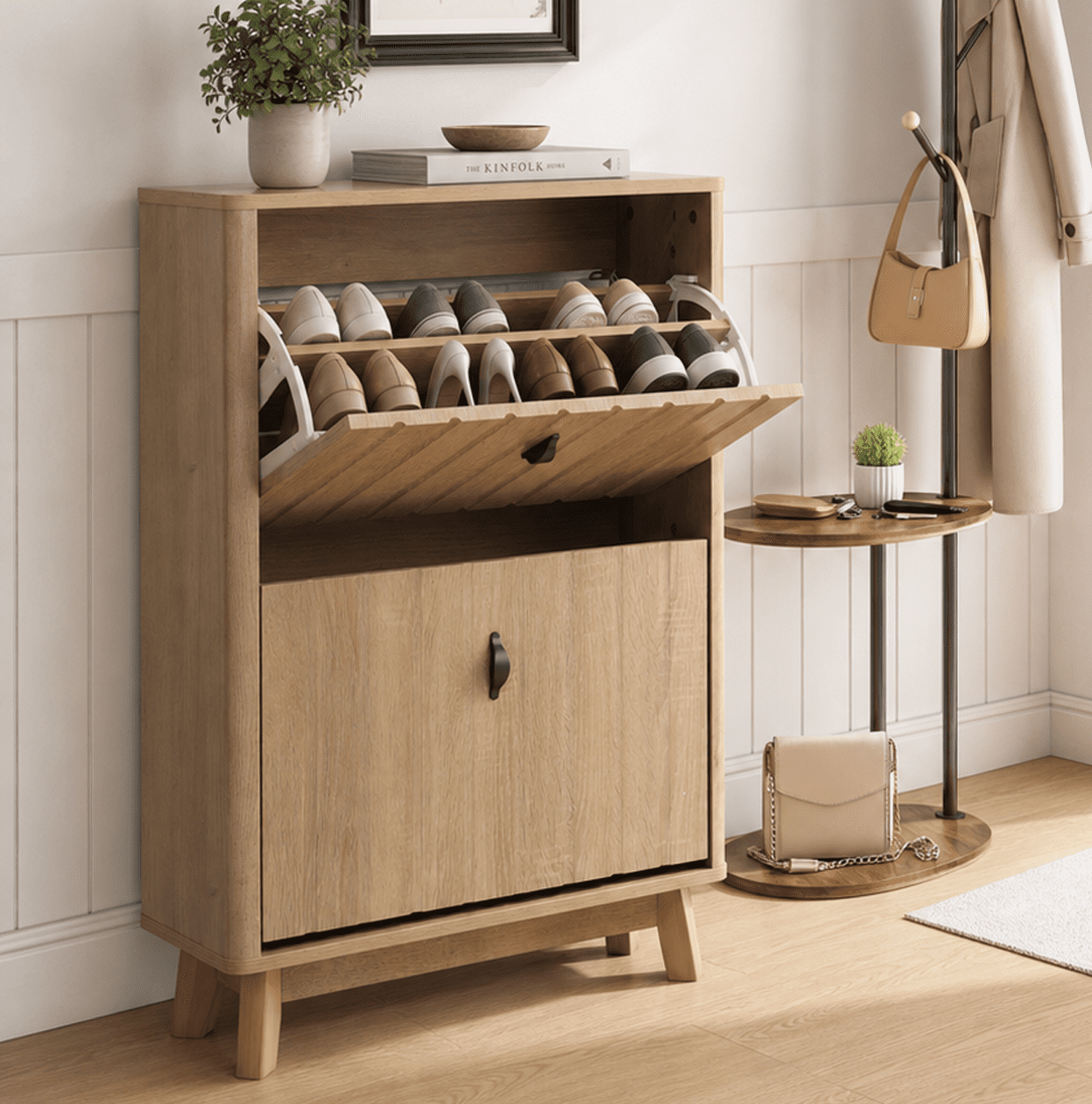 23.6" Entryway Shoe Cabinet, Ultra-Thin Flip-Down Large Capacity Dustproof Shoe Rack For Home Use, Freestanding Shoe Cabinet, Oak Color