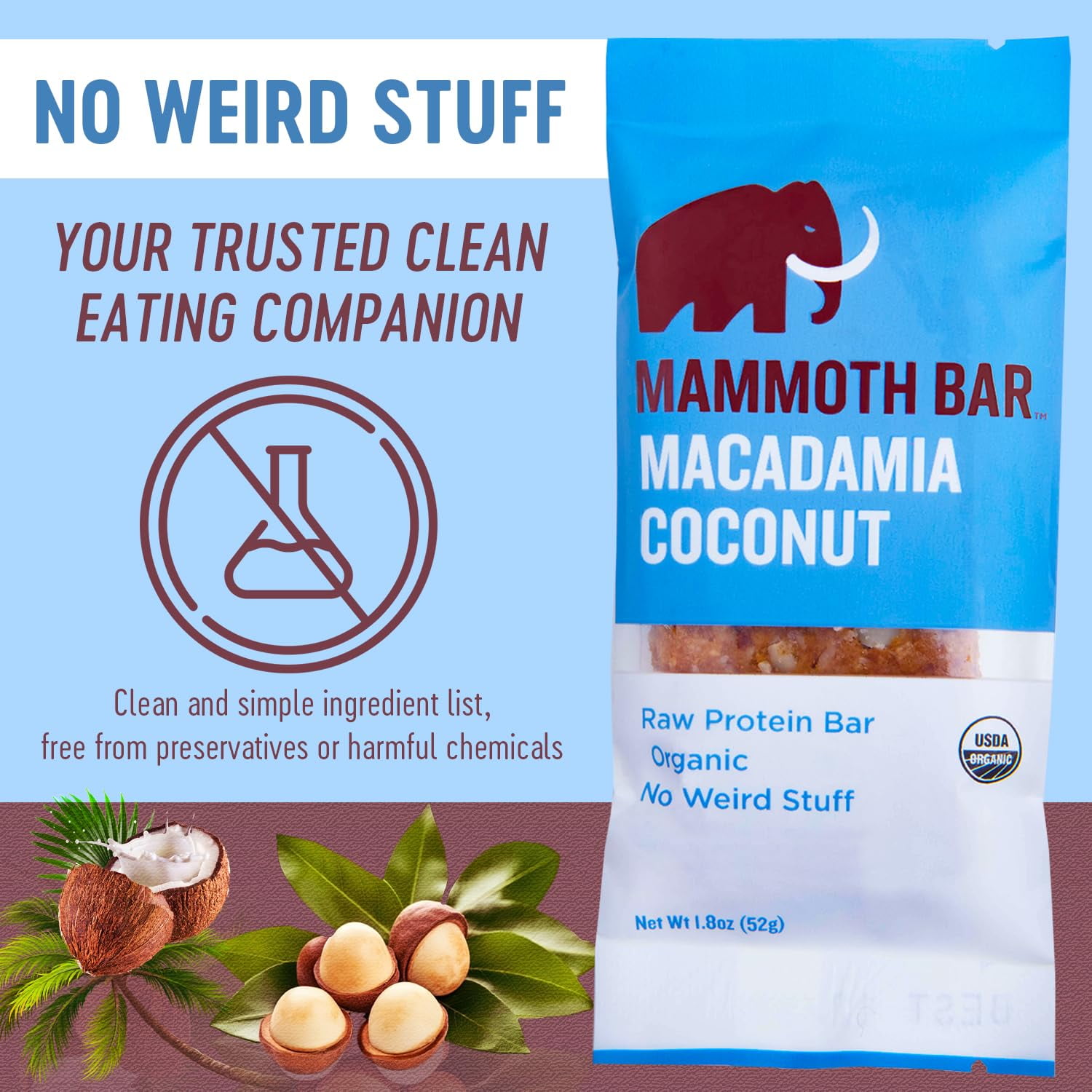 Mammoth Bar Organic Macadamia Coconut High Protein Bar – Clean Label, Gluten-Free, No Added Sugar, Non-GMO, 10 Count