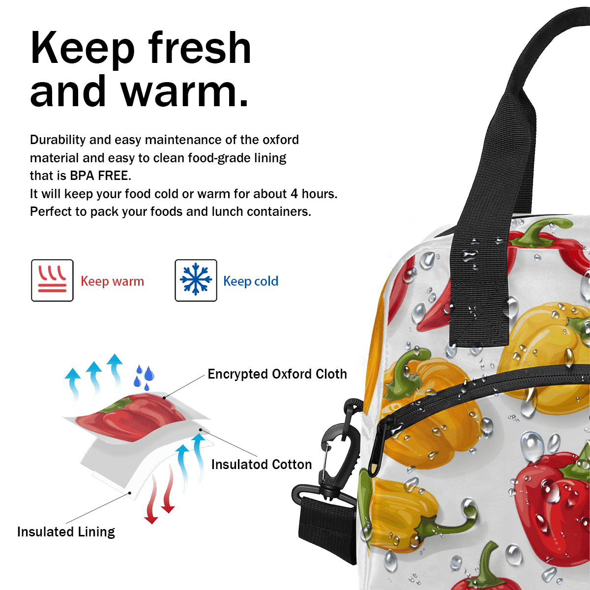 Herdesigns Chili Peppers Insulated Lunch Bag for Women Men Adults Large Reusable Lunch Box Colorful Leakproof Cooler Tote Bags with Adjustable Shoulder Strap