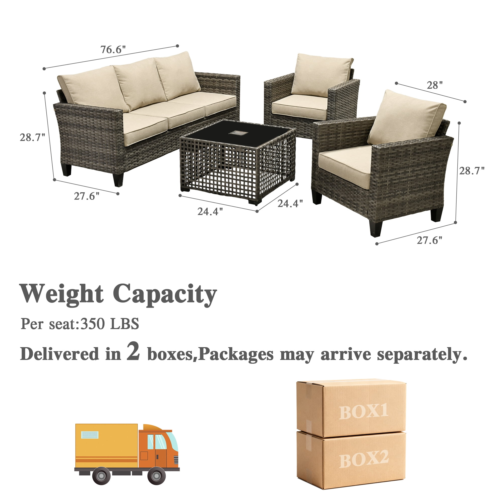 Ovios 4 Pieces Outdoor Patio Furniture Set with Lighted Coffee Table All-Weather Wicker Rattan Conversation Sofa Set, Gray