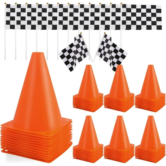 24 Pcs Traffic Cones and Racing Checkered Flags,12 Plastic Traffic Cones,12 Checkered Flags with Sticks,Orange Sports Cones Soccer Training Cones,Race Car Party Supplies,Racing Theme Party Decoration