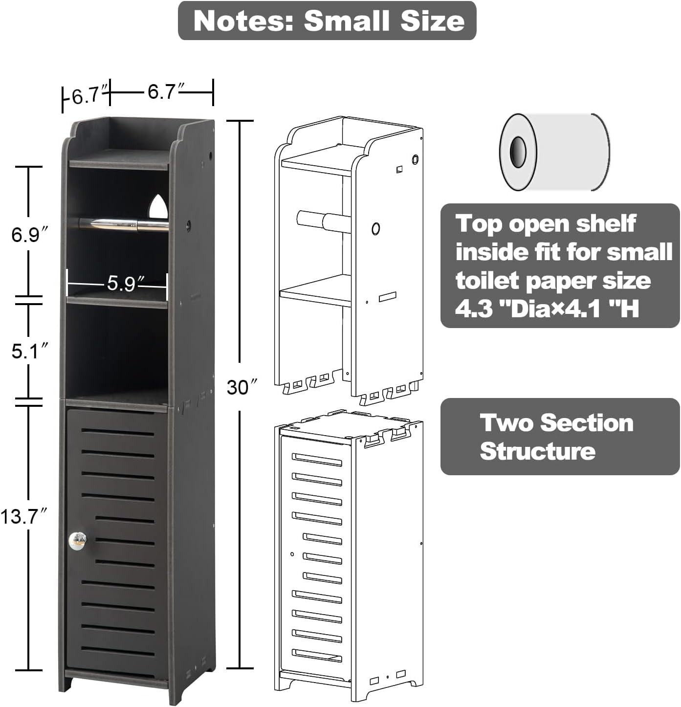Toilet Paper Holder Stand: Bathroom Storage Cabinet Beside Toilet Storage for Small Bathroom with Toilet Roll Holder - Black