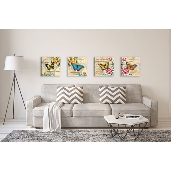 Gango Home Decor Butterflies & Flowers Inspirational Quotes Wall Art; Four Beige 12x12in Hand-Stretched Canvases