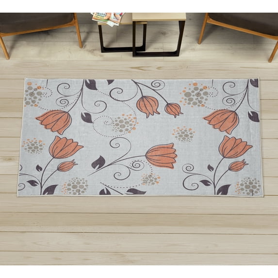 Floral Decorative Rug, Dutch Tulip Ottoman Flowers with Leaves Natural Ornaments of the World with Dots, Quality Carpet for Bedroom Dorm and Living Room, 6 Sizes, Pale Rust, by Ambesonne